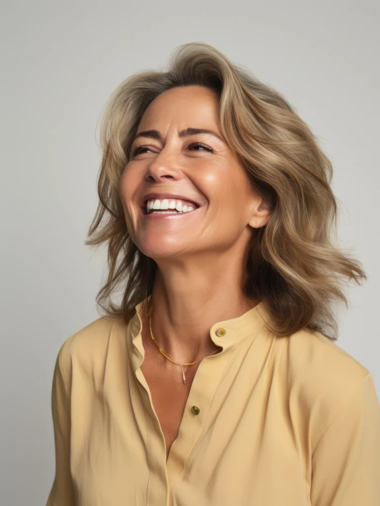 Woman in a yellow blouse laughing